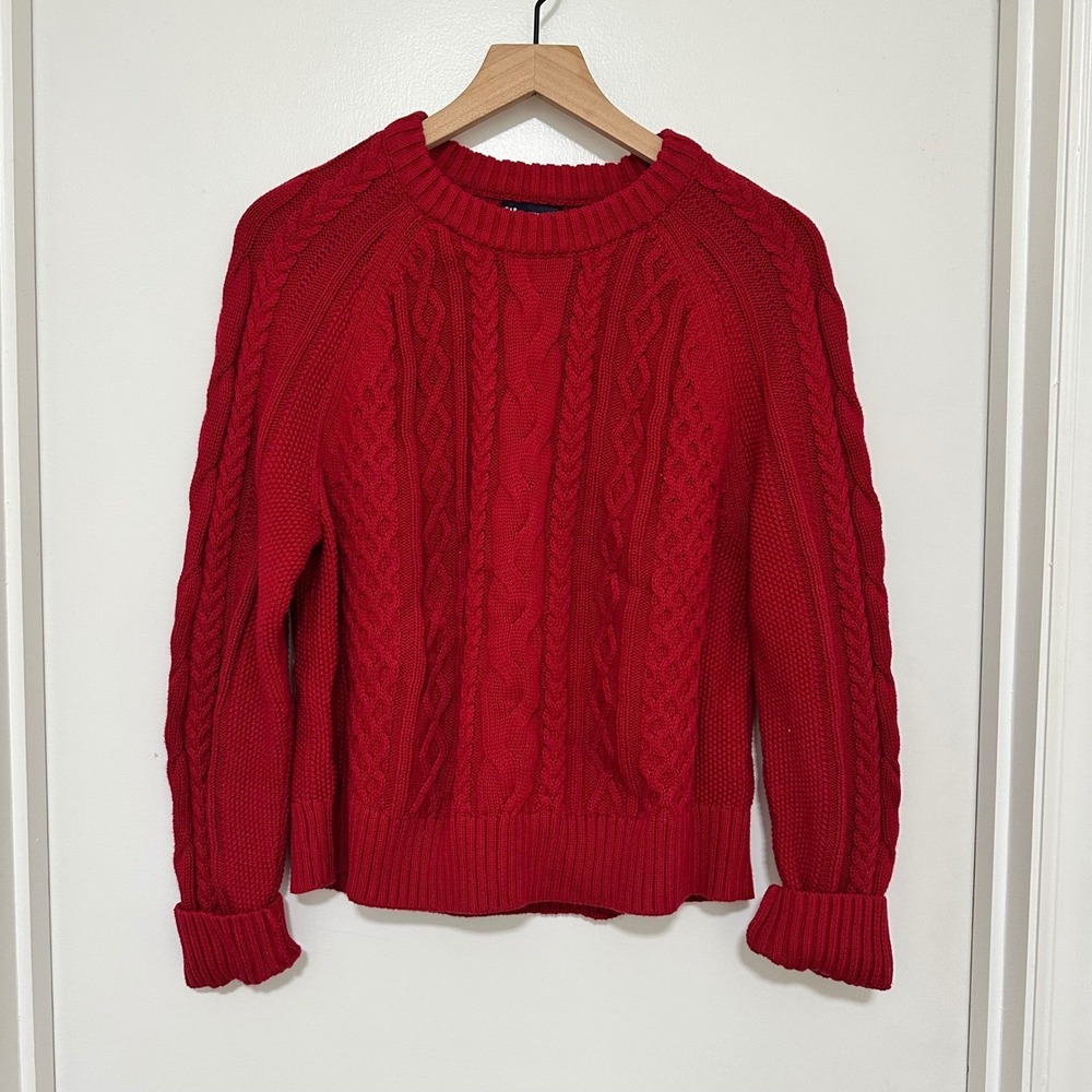 GAP | Woman's Red Cable Knit Cotton Crew Neck Long Sleeve Raglan Sweater, Size M